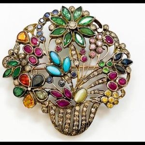 Appraised Antique Diamonds Emeralds Sapphires .925 Silver Brooch Pendant Flower